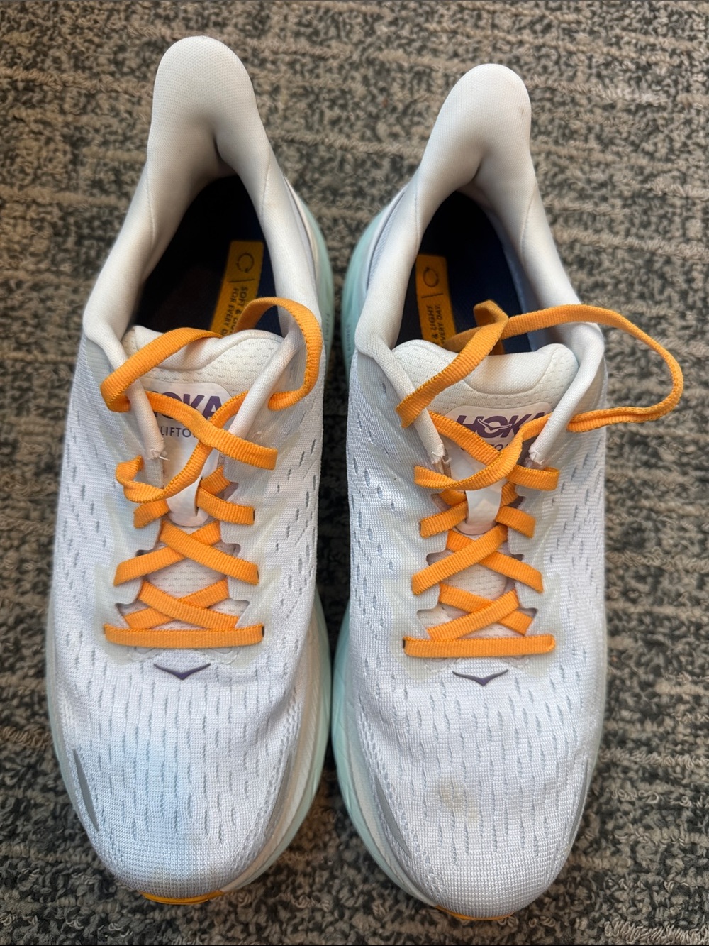Hoka White Sneakers with Orange Laces and Mint Midsoles